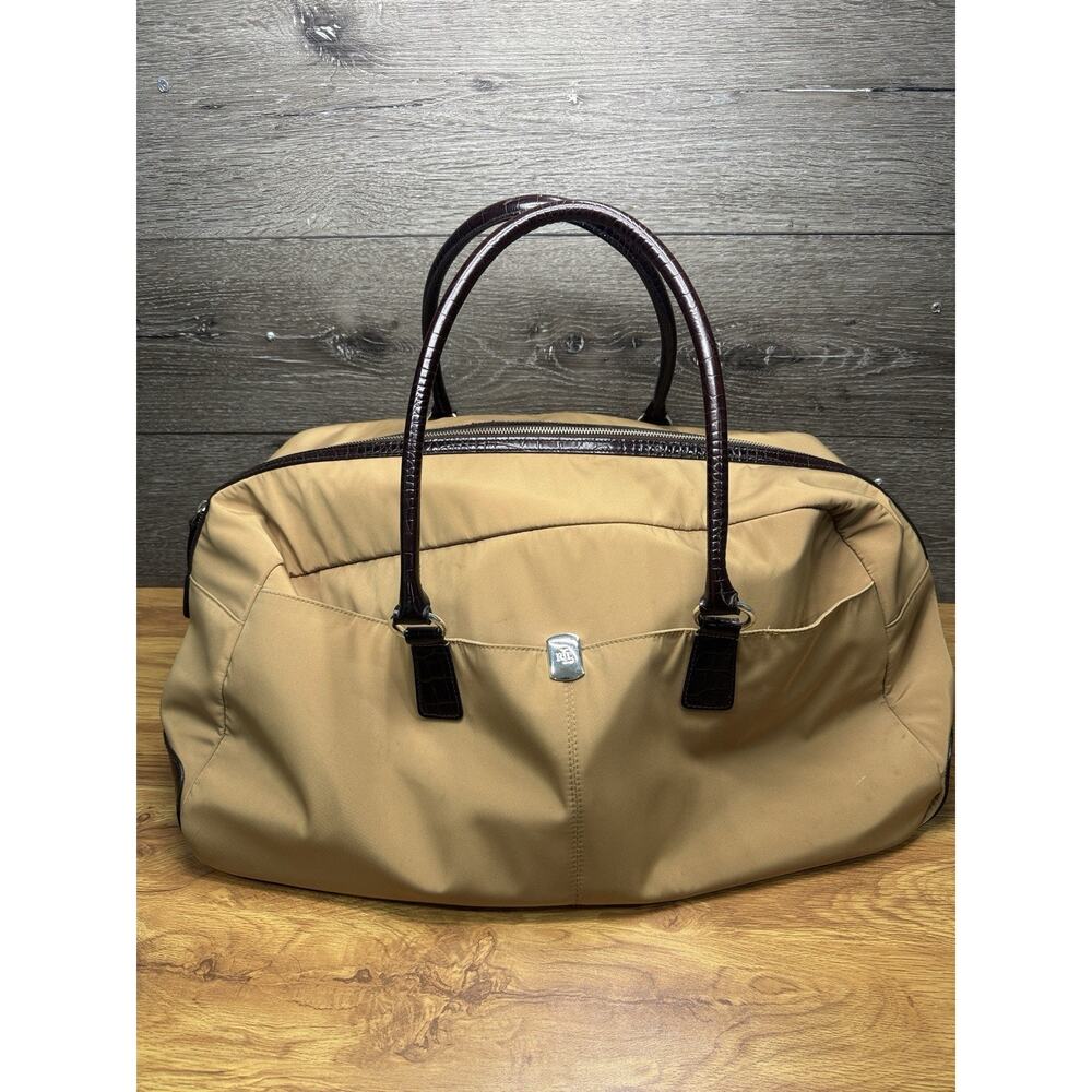 Ralph Lauren Tan Nylon Weekender Duffel Bag Brown Croc Embossed Leather Trim 22"